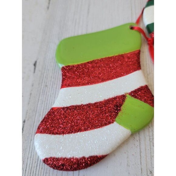 Ceramic red white striped stocking ball ornament Xmas set - Picture 5 of 6